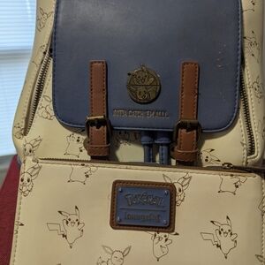 GUC Loungefly Cream and Blue Pikachu And Eevee Backpack And Wallet